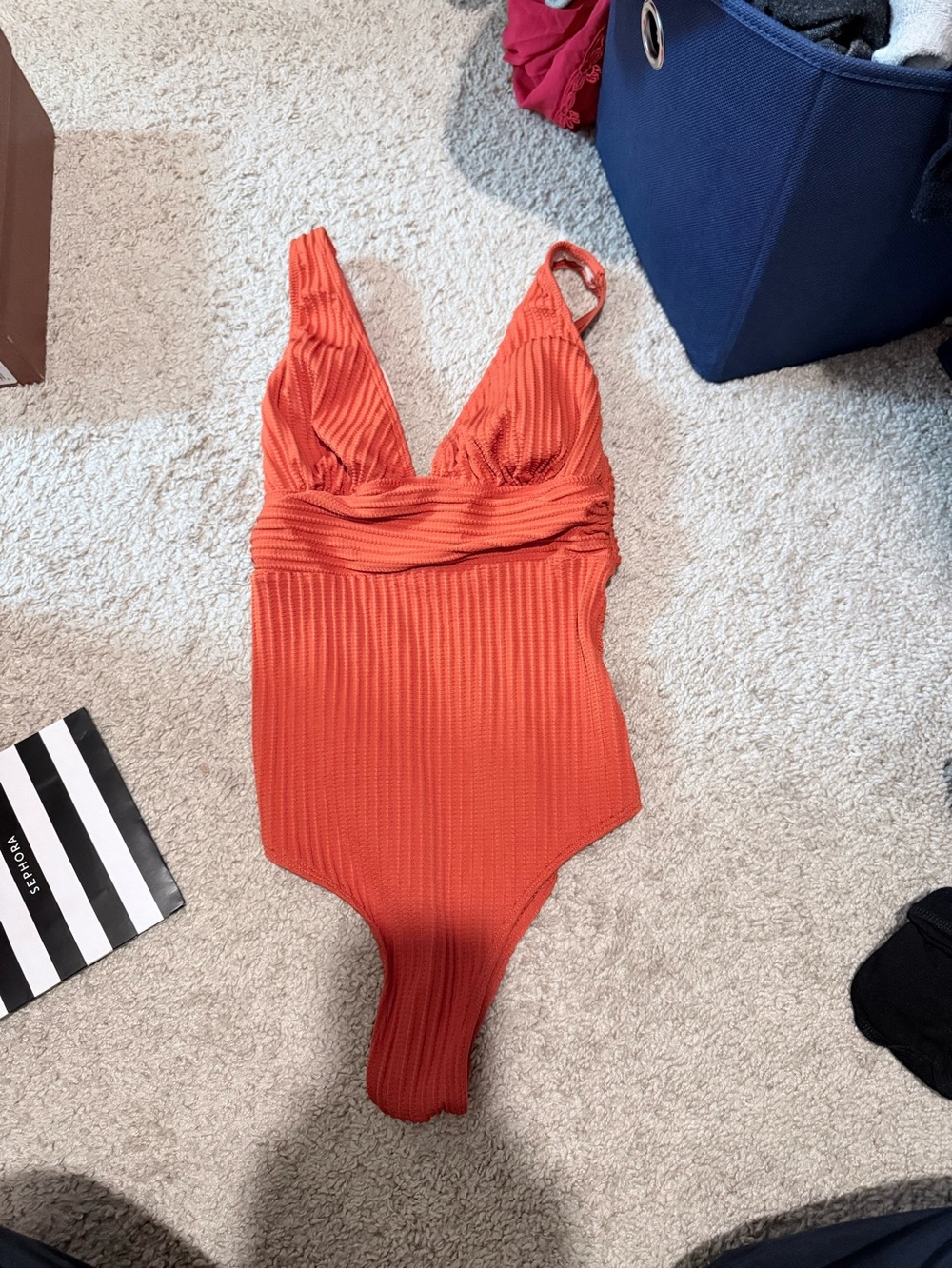 Cupshe Orange Ribbed V-Neck One-Piece Swim Bodysuit
